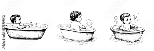 Illustration of babies enjoying bath time in small tubs with bubbles and toys, capturing playful moments and joyful expressions