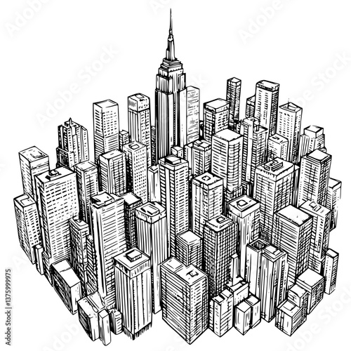 Illustration of a sprawling city skyline featuring prominent skyscrapers and urban architecture in a bustling metropolis setting