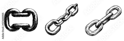 Unique hand-drawn chain links displayed in three different styles with intricate details and textures
