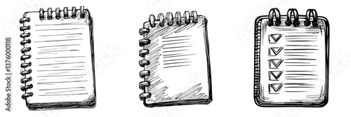 Sketches of three spiral-bound notebooks with blank, lined, and checklist pages on a white background