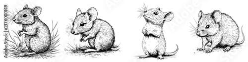 Detailed illustrations of small mice in various poses surrounded by grass and a natural setting