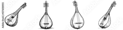 Detailed sketches of traditional string instruments displayed together in a simple arrangement creating a musical atmosphere