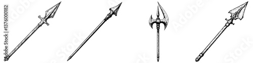 Various styles of spears displayed on a neutral background showcasing different designs and functionalities for historical weaponry enthusiasts