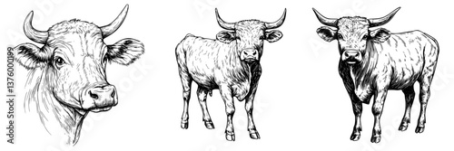 Detailed sketches of cattle showcasing different views and expressions in simple monochrome