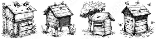 Wooden beehives surrounded by buzzing bees in a natural setting during the sunny afternoon