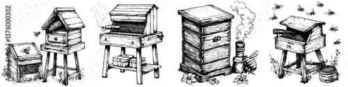 Beekeeping tools and equipment in a rustic farm setting showcasing various hives and smoker at dusk