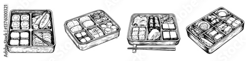 Different varieties of bento boxes beautifully arranged with sushi, rice, and vegetables at a lunchtime setting