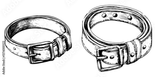 Detailed sketches of two distinct leather belts featuring different buckle designs and textures