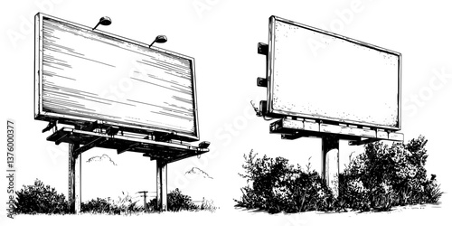 Detailed sketch of two empty billboards standing in a field surrounded by grass and distant mountains on a sunny day