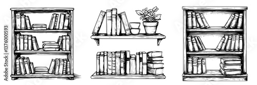Bookshelves filled with various books and a plant on a shelf in a cozy reading nook