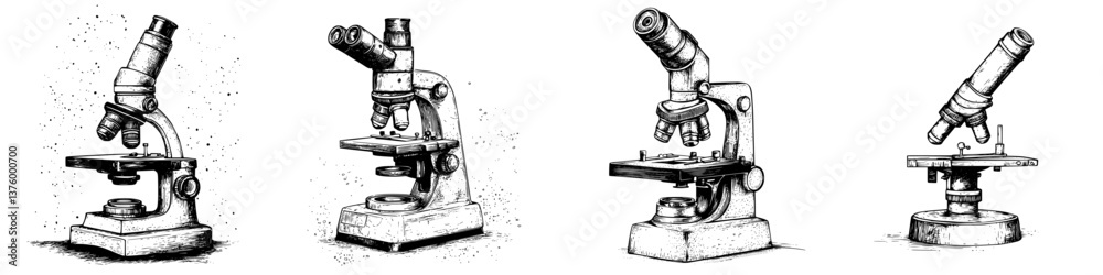 Detailed illustrations of classic microscopes showcasing their design evolution in a scientific context Detailed illustrations of classic microscopes showcasing their design evolution in a scientific context