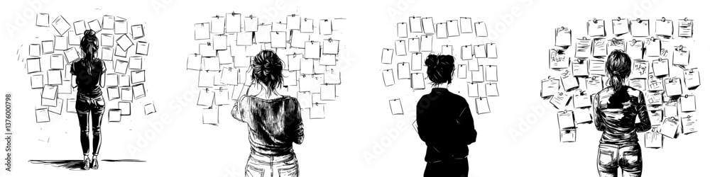 Individuals engaged in thoughtful analysis of notes on a wall in an urban setting during daylight hours Individuals engaged in thoughtful analysis of notes on a wall in an urban setting during daylight hours