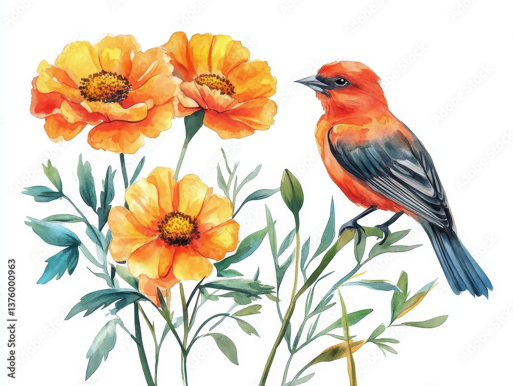 Obraz premium Vibrant Bloom and Scarlet Finch: A delicate watercolor illustration of a vivid orange flowers beside a charming scarlet finch perched on a stem, evoking a sense of nature's artistry.