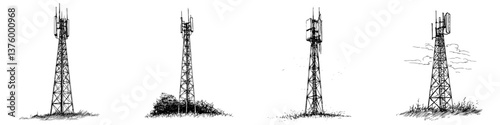 Telecommunication towers illustrated across different environments showcasing urban and rural settings
