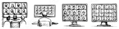 Virtual meeting with multiple participants displayed on screens from different perspectives in a professional setting