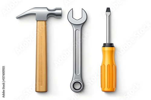 A neatly arranged set of construction tools—hammer, wrench, and screwdriver on a white background.