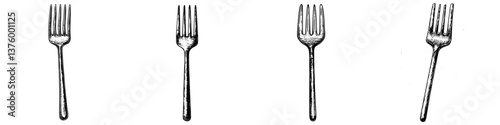 Multiple forks are arranged in a row to showcase different designs and styles from various angles