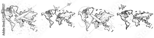 Airplane travel over a world map illustrating routes and destinations connecting continents