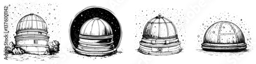 Different designs of observatories illustrating their domed structures and unique architectural features in an artistic style