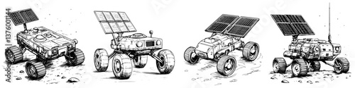 Various robotic rovers explore a barren landscape showcasing solar panels and rugged wheels