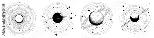Space-themed illustrations of celestial bodies with intricate line art and planetary orbits