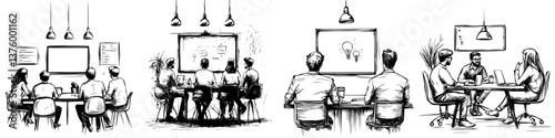 Group brainstorming session occurs in a modern office with diverse participants sharing ideas