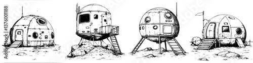 Detailed sketches of futuristic space habitats on an extraterrestrial landscape for exploration and colonization