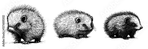 Three distinct stylized illustrations of hedgehogs showcasing varying sizes and details in an artistic presentation