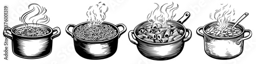 Cooking various pasta dishes in different pots with steam rising, showcasing culinary art at a kitchen