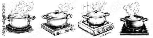 Cooking pots on a stove showing various stages of boiling water in a kitchen setting