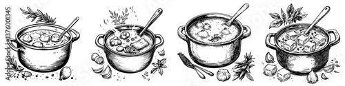 Illustrations of various soups in pots with herbs and ingredients on a wooden surface