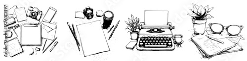 Diverse workspace setups featuring notebooks, plants, and creative tools for productivity in various styles