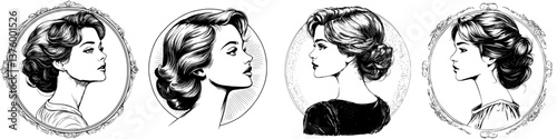 Elegant vintage profile illustrations of women showcasing diverse hairstyles and facial features in a classic design
