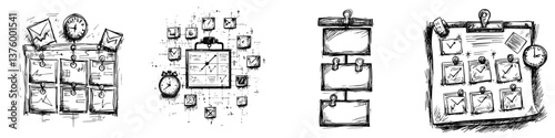 Organizing tasks with sketches of calendars, notes, and time management tools for efficient planning