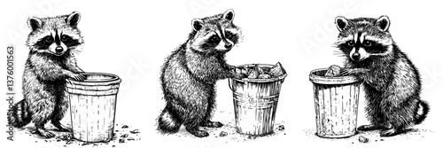 Raccoons digging through trash bins in a suburban backyard during an evening exploration
