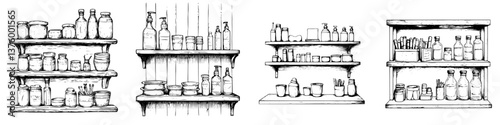 Detailed display of rustic shelves filled with jars, bottles, and containers in a vintage kitchen setting