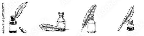 Vintage ink and potion set with feather quill and glass bottles during a creative writing session