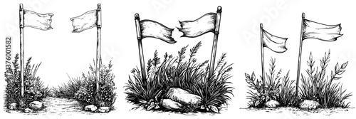 Wind-swept flags fluttering in a grassy field at sunset near a winding path