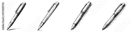 Sketches of a pen illustrating different positions and highlights on a textured surface
