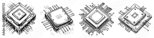 Design of multiple computer processors with intricate details showcasing technology and innovation in digital circuits