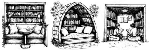 Cozy reading nooks with bookshelves in a tranquil setting ideal for quiet study and relaxation moments