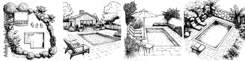 Designs for residential backyards featuring different swimming pool layouts and landscaping ideas