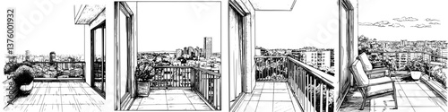 Urban balcony sketch capturing a serene view of the city at sunset with potted plants and outdoor seating