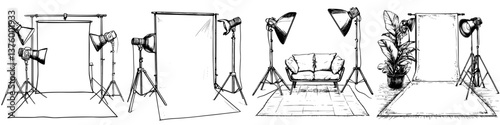 Creative photography studio setup with lighting, backdrops, and props for various shoots