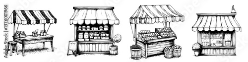 Various market stalls with fresh produce and goods displayed under striped canopies, perfect for local shopping needs