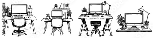 Workspaces featuring modern desk designs with plants and technology for productive environments