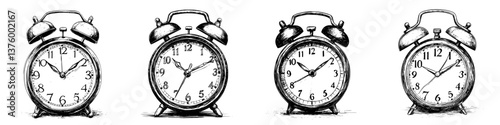 Vintage alarm clocks arranged in a row showcasing various times and designs against a simple background