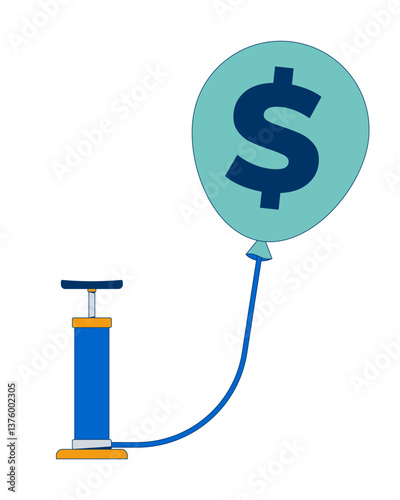 Inflation concept with dollar balloon and pump 2D cartoon object. Rising prices. Financial pressure. Economic stress. Helium baloon isolated element flat vector clip art on white. Spot illustration