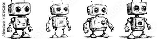 Artistic illustration of four vintage-style robots in various poses showcasing creativity and design