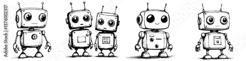 Cute robots in a playful setting showcasing various expressions and interactions during a fun activity